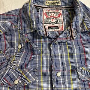 Jachs Plaid Button-Down Shirt in Blue, Yellow and Red Trim size M Western Style